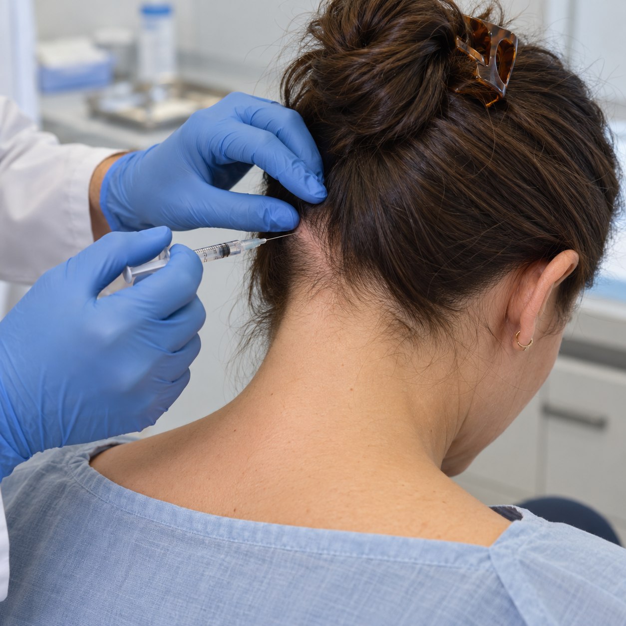 Illustration of greater occipital nerve block (gon block) being performed