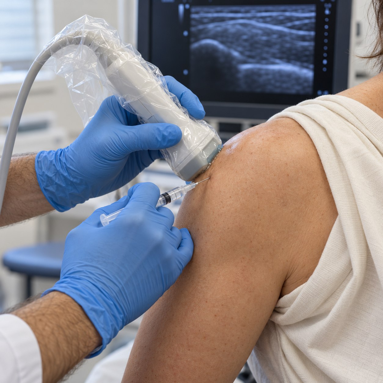 Illustration of ultrasound-guided corticosteroid and local anaesthetic injection being performed