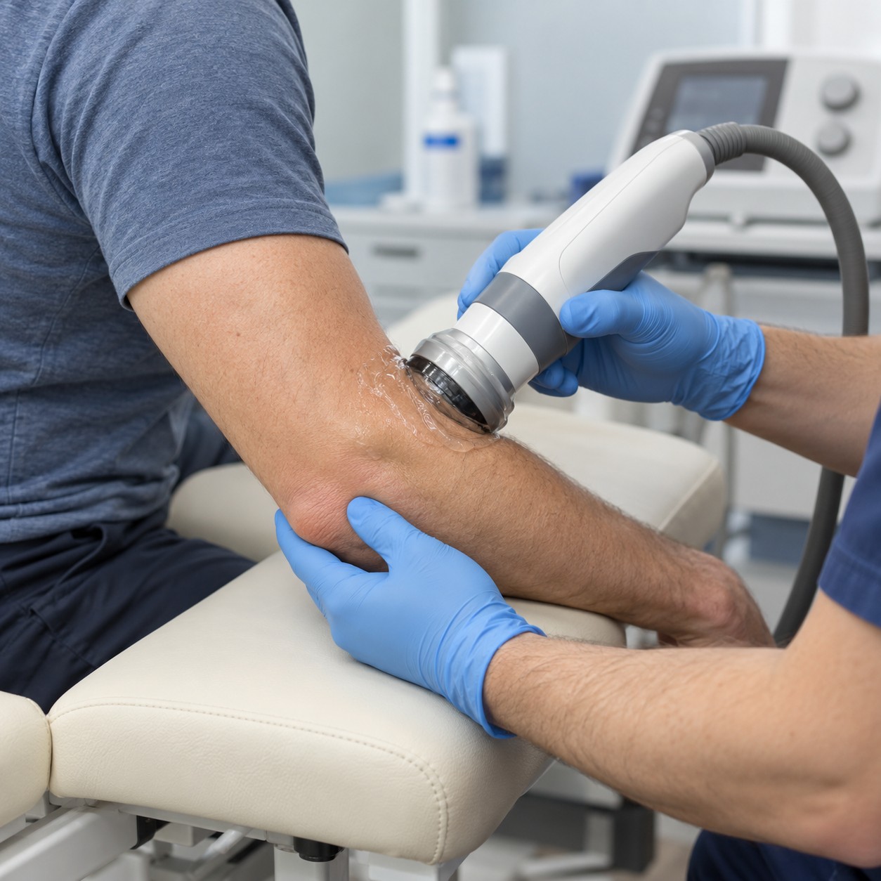 Illustration of focused shockwave therapy being performed